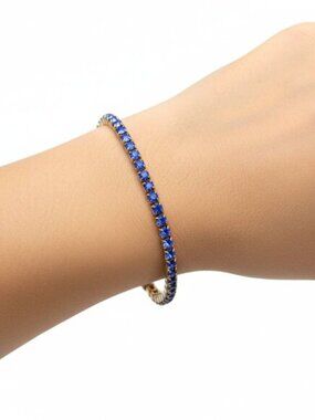 Vtg Gold Tone Blue Sapphire CZ Tennis Bracelet | Classic Glamour Delicate Estate